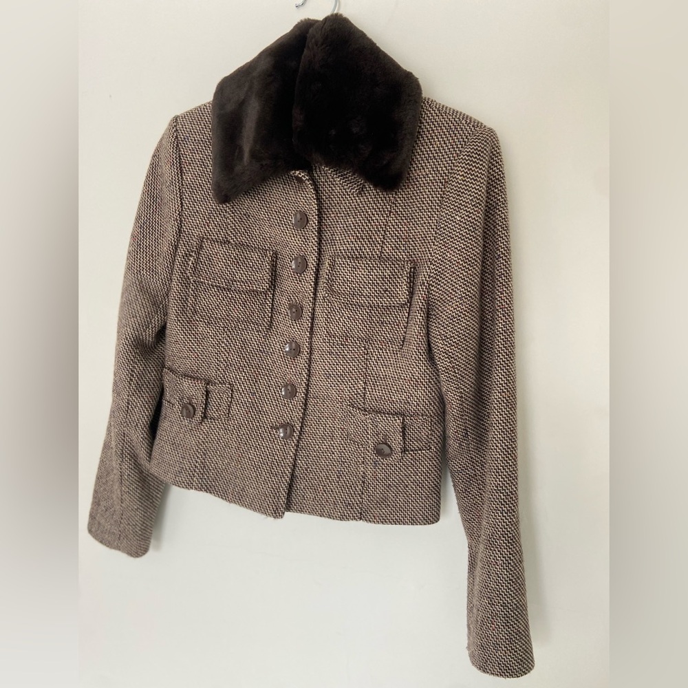 Vintage Wool Blend Button Up Tweed Jacket / 4 / Removable Faux-Fur